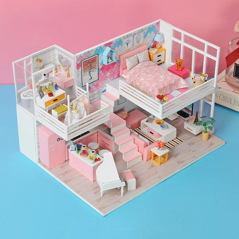Кукольный дом мебель 3D-DIY Миниатюрная модель+ 3D светильник Деревянный кукольный домик K-040