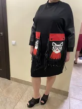 Black Dress Robe Fringes Long-Sleeve 3084 Midi Plus-Size Woman Winter Cute PU Cartoon