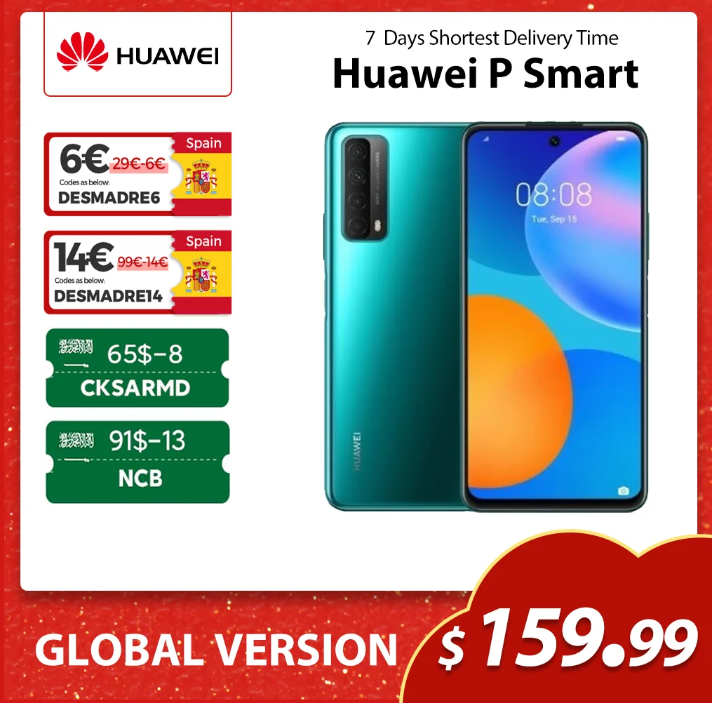 Huawei-teléfono inteligente P Smart 2021, versión Global, 4GB, 128GB, NFC, cámara cuádruple de 48MP, batería de 5000mAh, pantalla 6,67 sin marco