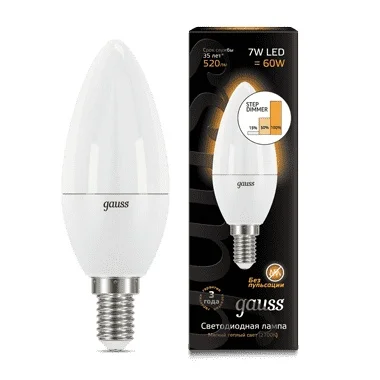Лампа светодиодная Gauss LED Candle E14 7W 2700К step dimmable 1/10/100 103101107 S|Светодиодные лампы и