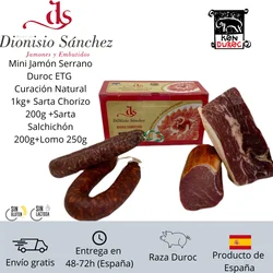 Mini Jamón Serrano Duroc Certificado ETG 1kgCuración Natural Especial Tapas Aperitivo + Embutido Chorizo Sarta Dulce 200g + Salchichón Sarta 200g + Lomo Duroc 250g Hecho en España Buen Punto de Sal y Buena Curación