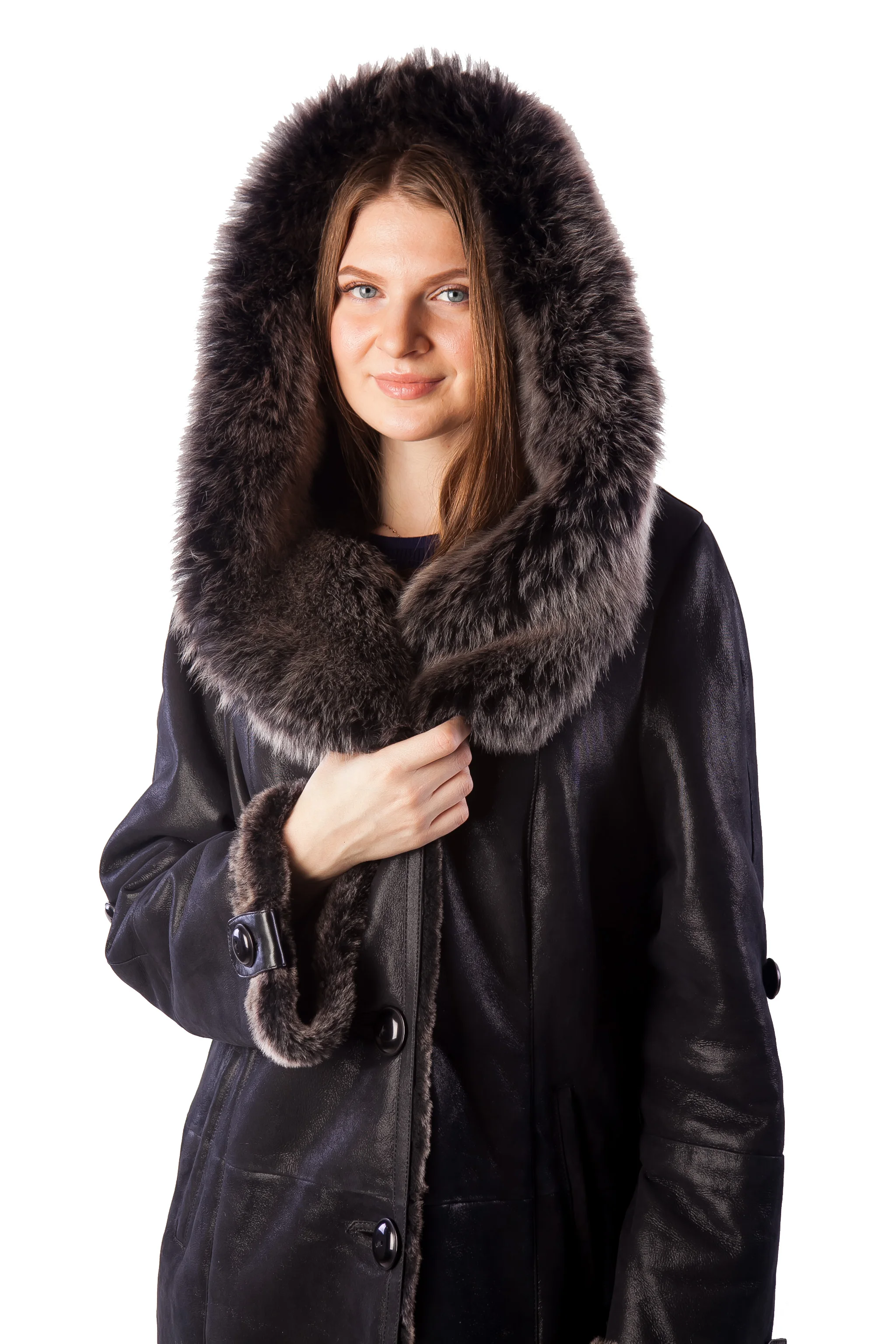 

women dark brown leather fur hoodie long real hand mader genuıne fur coat