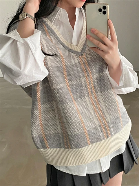 Colorfaith 2022 New Sleeveless Vest Waistcoat Checkered Oversized Winter Spring Women Sweaters Pullovers Knitwear Tops SWV18309 3