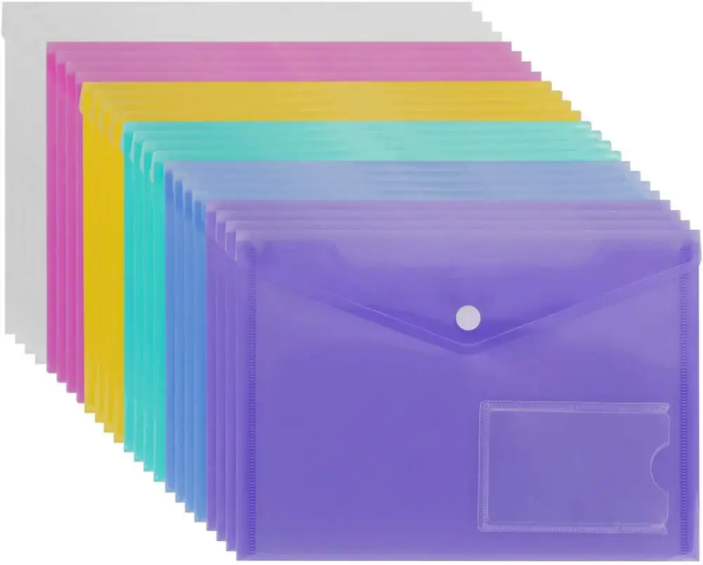 Carpeta de sobres A5 de 5 uds. Con botón a presión, transparente, impermeable, Protector de documentos de plástico para la escuela, la Oficina y el hogar