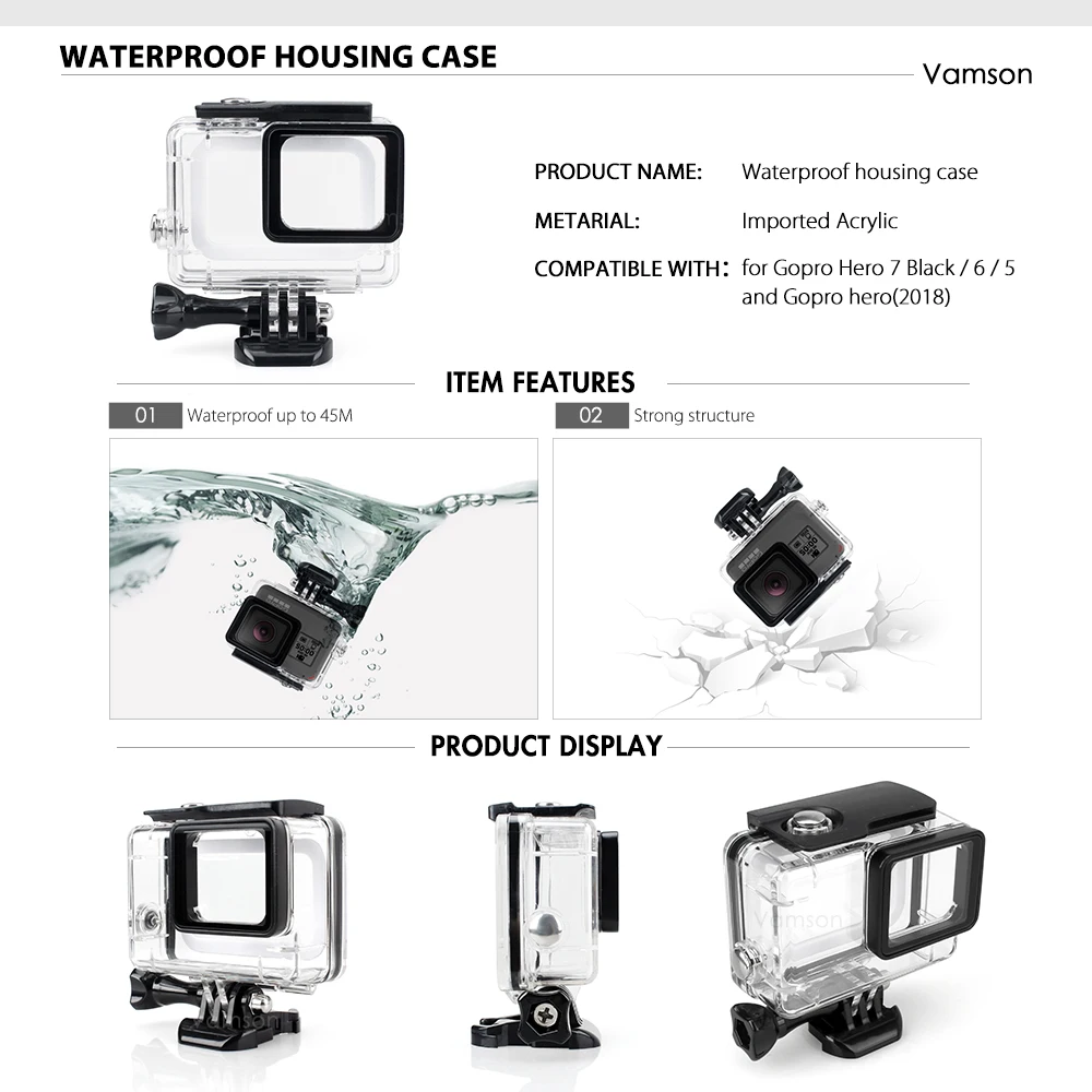 Vamson для Gopro Hero 7 6 5 комплект аксессуаров для шеи водонепроницаемый корпус Чехол-рамка плавучий поплавок для камеры Go pro Hero 6 5 VS142