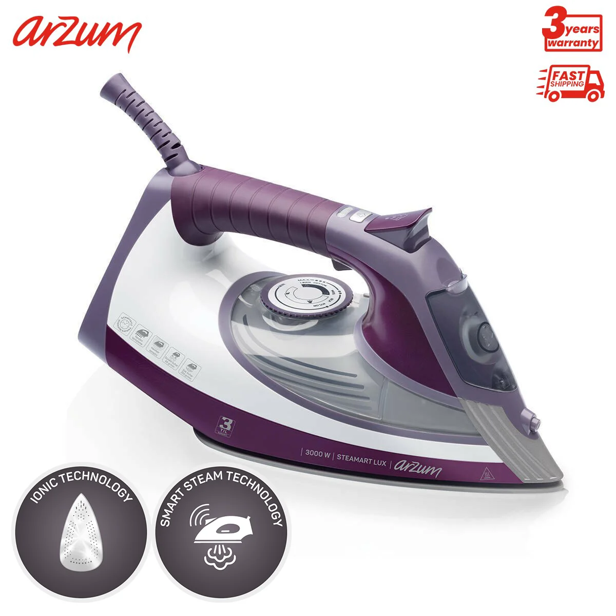 Arzum Stemart Lux Steam Heater Ceramic Base Vertical Steam Feature Water Spray 400 Ml Water Tank Capacity Shock Of Steam Adjustable Temperature Vertical Steam Feature Anti-Drip System Automatic Switch-Off