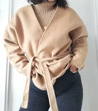 Cárdigan corto de lana de tótem, chaqueta con cinturón en forma de arco en forma de si, con cintura ajustada