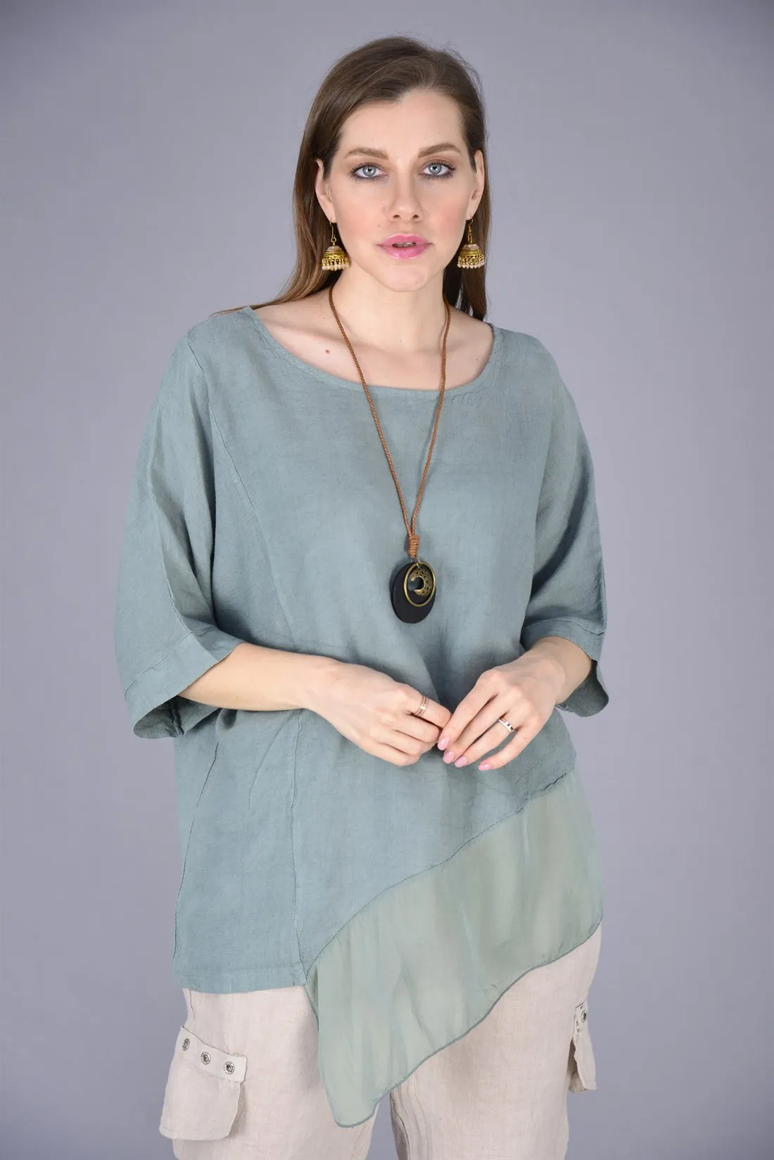 Asymmetric Cut Silk Detailed Unripe Almond Green Linen Blouse 2022 New Fashion Women's Tops Elegant Summer Clothes