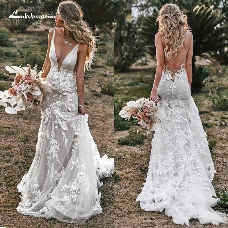 beach wedding dresses Vintage V-neck Backless Lace Appliques 3D Flowers Mermaid Wedding Dress 2022 Tulle Bridal Gown Spaghetti Straps vestido de noiva off the shoulder wedding dress