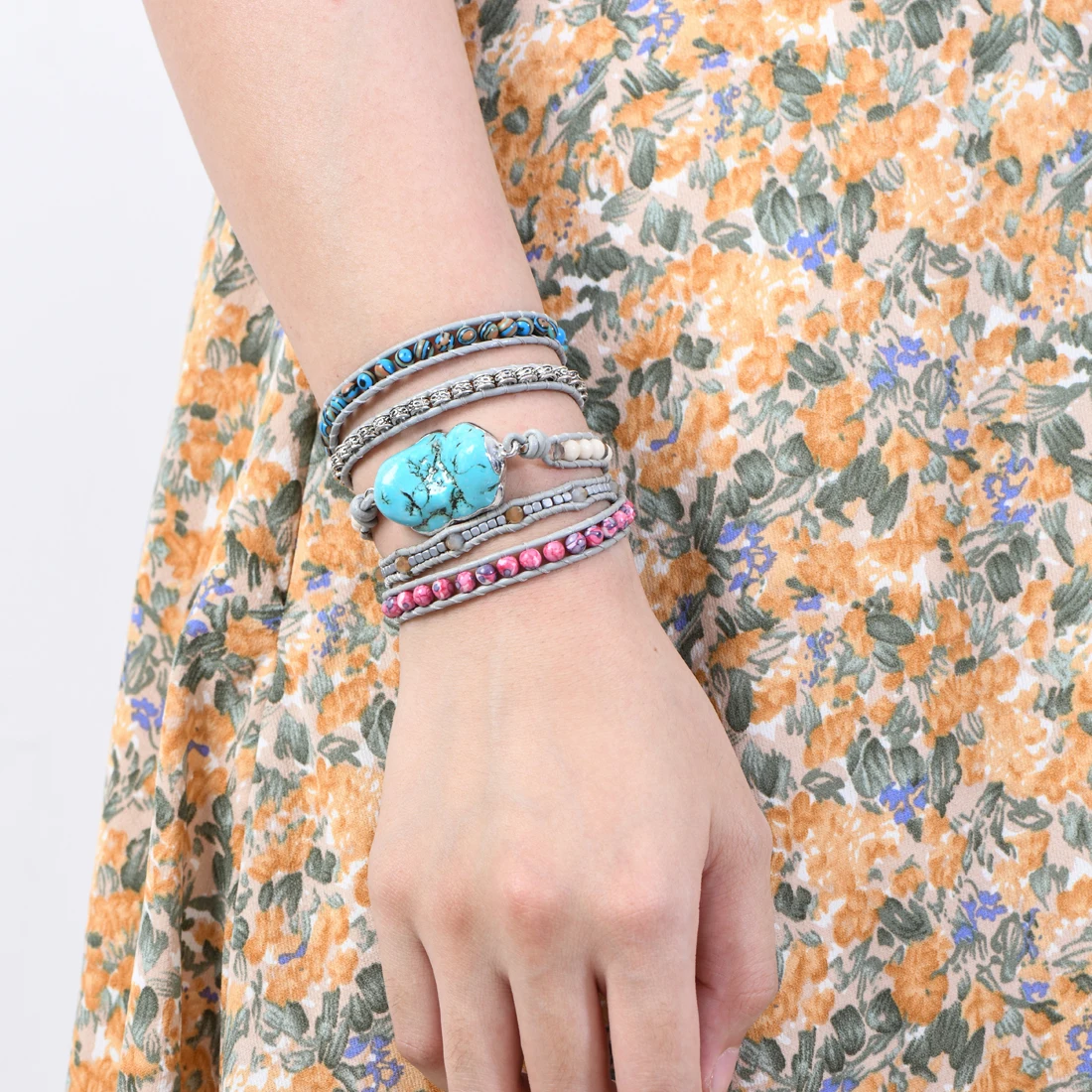 5X Leather Wrap Bracelet W/ Natural Stones Chain Beaded Strand Bracelet Boho Jewelry Dropshipping Wholesale