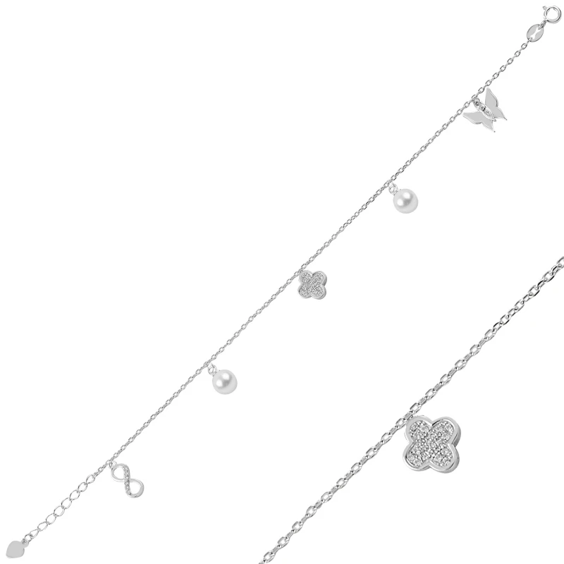 

Silver 925 Sterling Pearl & Zircon Crystal Dangle Bangle