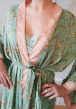 Kimono Cardigan Long-Shirts Women Tops Beach-Wear Cotton Tunic Bohemian-Printed Green