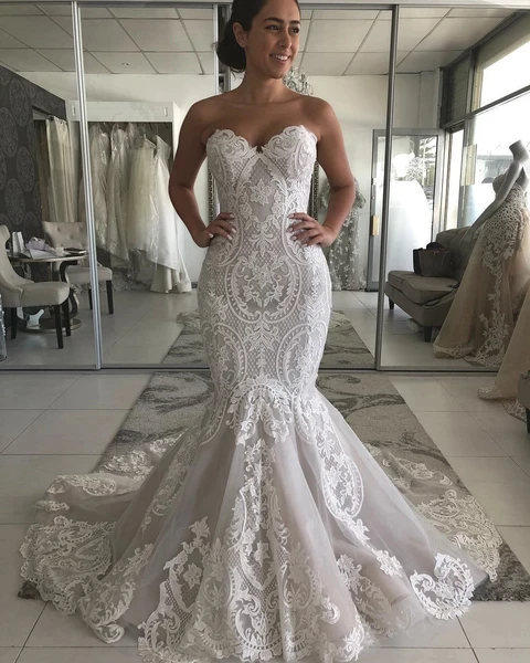 

Vintage Vestido Sereia 2019 Lace Applique Mermaid Wedding Dress Sweetheart Sleeveless Backless Vestidos Novia