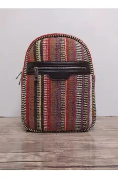 

Handwoven Striped Rug Bag - Handwoven Backpack With Original Leather - Unisex Bag For School or Daily Use