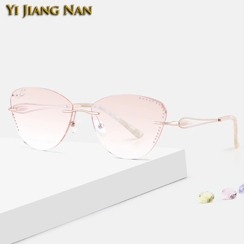 Rose Gold-Tint Brown Титан кошачий глаз алмазная резка Выгравированные Цветочные Стразы без оправы оптические очки оправа для женщин очки по рецепту - Цвет оправы: Rose Gold-Tint Brown