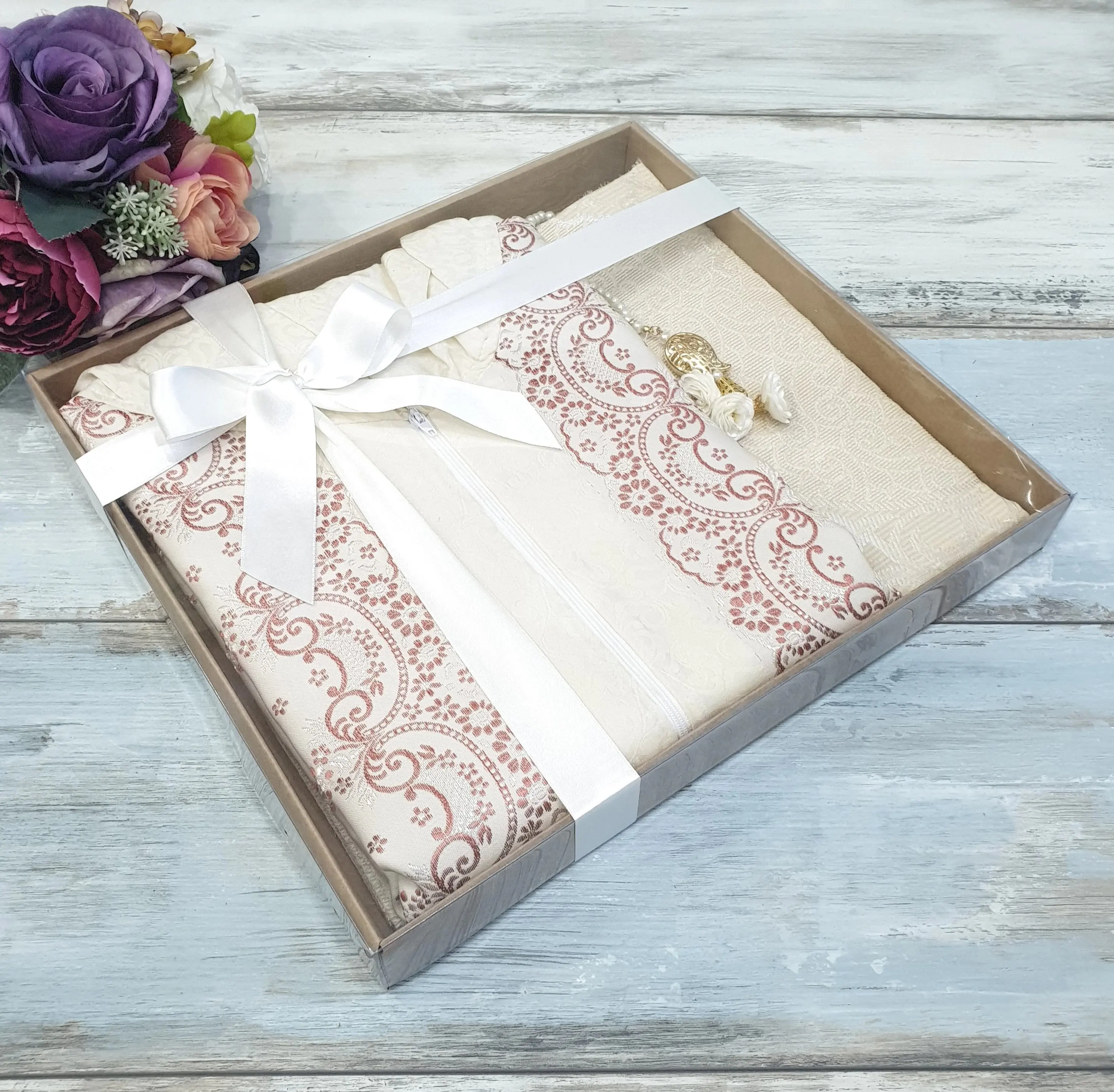 Prayer Set Cream Muslim Prayer Dress, Prayer Rug,  Rosary Kim Qiblah Mecca / Medina