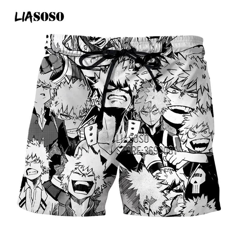 LIASOSO 3D Print Shorts Anime Boku No Hero Academia UBakugo Katsuki Faces Unisex Summer Shorts Beach Shorts For Men G3135