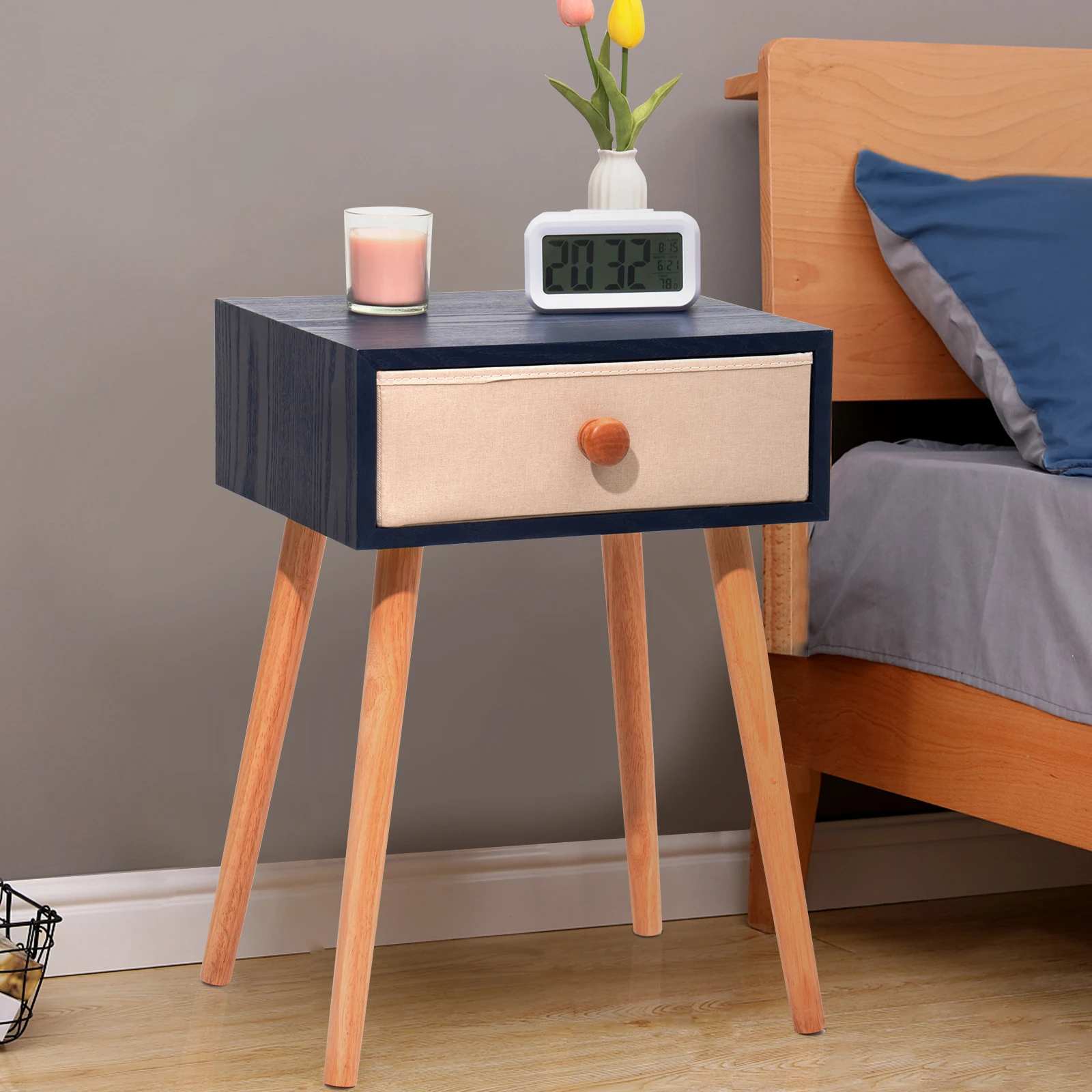 

Mid Century Modern Wood Nightstand with 1 Drawer Brown/Blue[US-W]