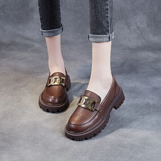 DRKANOL Women Slip On Loafers Spring Autumn British Style 100% Genuine Leather Thick Heel Platform Casual Shoes Handmade Retro 4