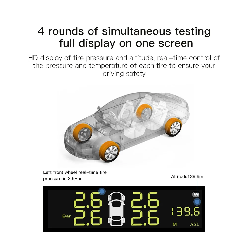 Vehemo Мониторинг давления в шинах дисплей высоты 4 шт. сенсор автомобиля TPMS сигнализация давления в шинах Солнечная энергия USB ЖК-дисплей цветной экран