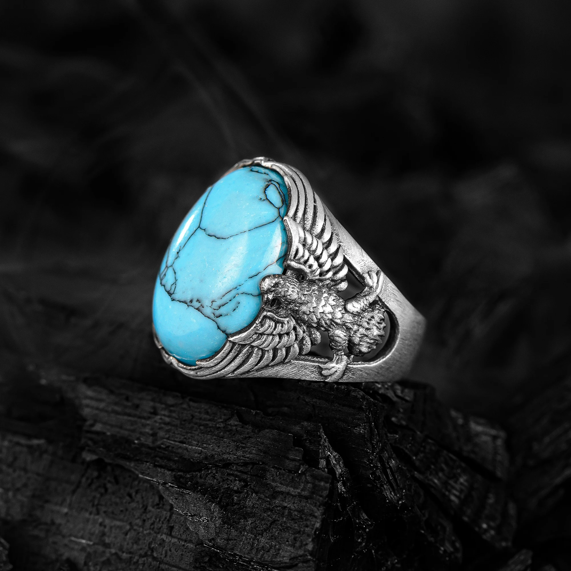 

Stone Winged Eagle Ring Solid 925 Sterling Silver Men Ring with Blue Turquoise Ring Raw Natural Gemstone Ring Made in Turkey