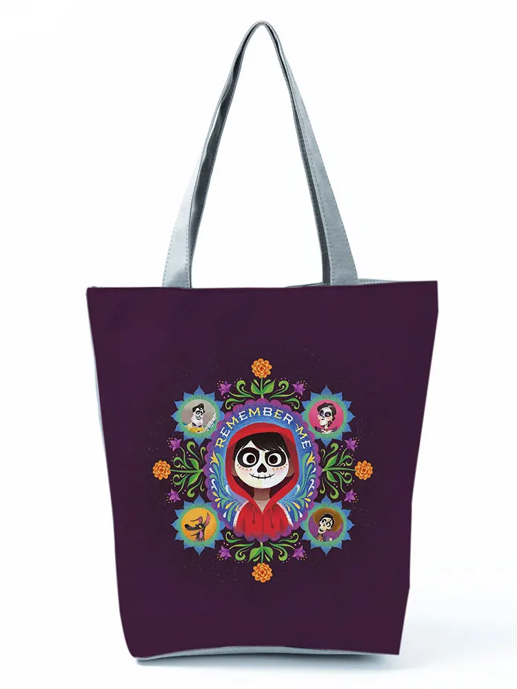 Disney Coco Handbags Skull Floral Tote Lady Casual Shoulder Bag Cartoon Eco Reusable Shopping Bag High Capacity Travel Beach Bag