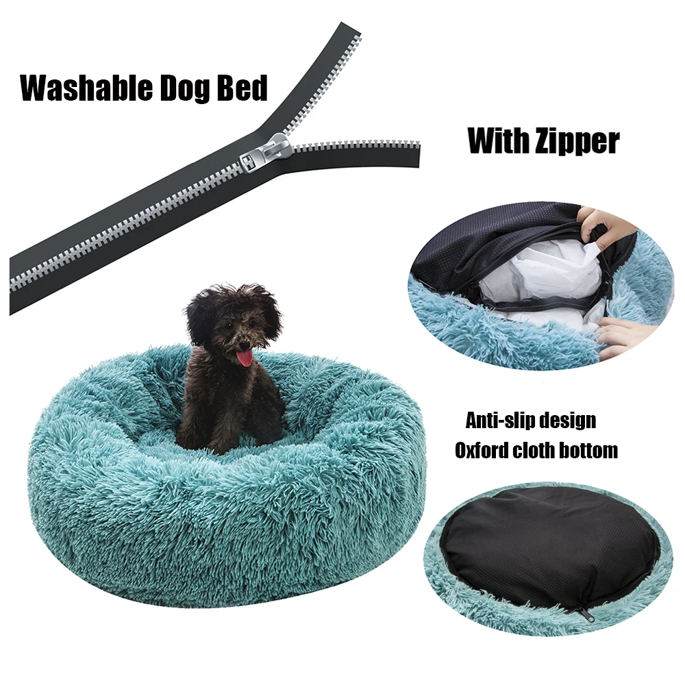 Cama de peluche para perro redonda con cremallera, esterilla de Casa de perro, nido de gatos para dormir cálido para invierno, cesta de felpa larga y suave, cojín portátil para mascotas