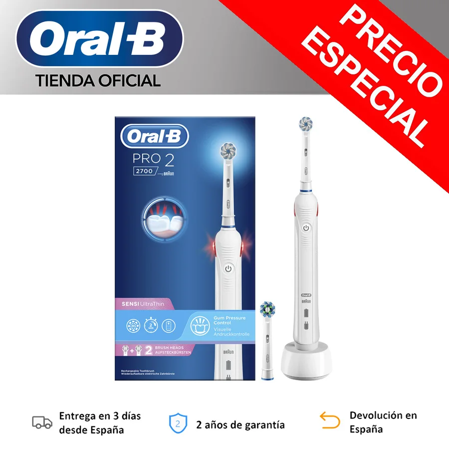 Oral B Pro 2 2700, Cepillo de dientes eléctrico recargable, 2 modos cepillado, temporizador, limpieza 3D, hasta 14 días, sensor