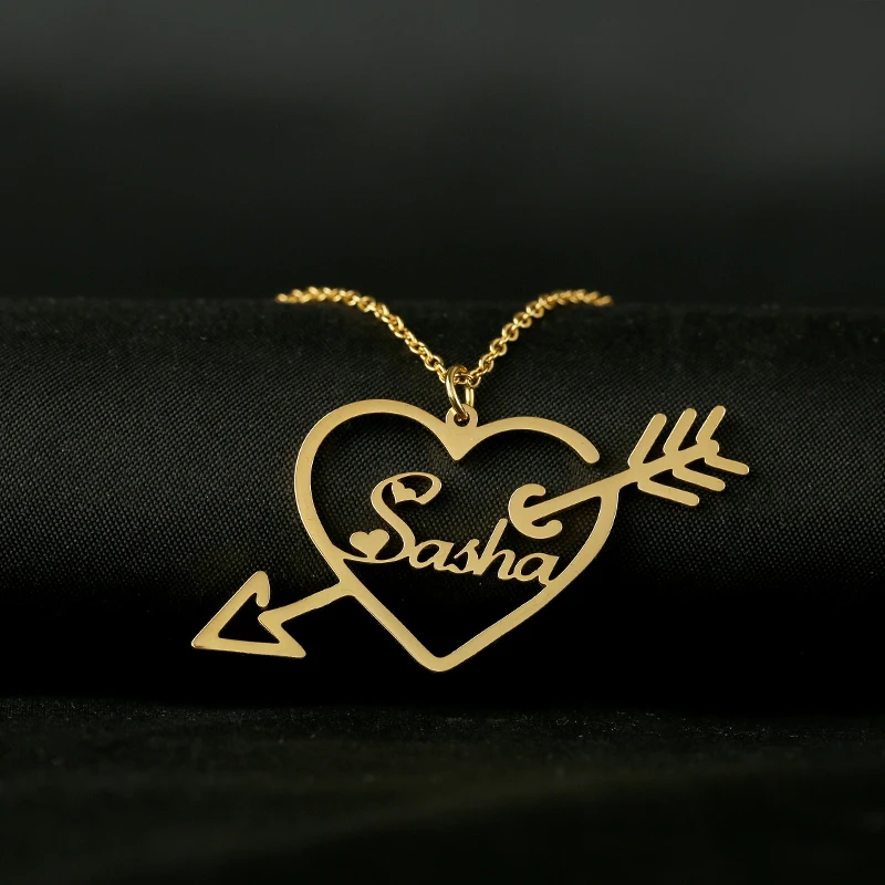 

Custom Cupid Name Necklace,Personalized Heart And Arrow Name Necklace, Handmade Gold Color Heart Name Necklace Women Gift