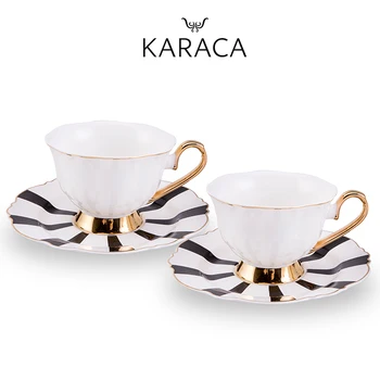 

Karaca Romantic Black Striped Porcelain Tea & Coffee Set 2 Cups + 2 Saucers Gift For Women Friend Coffee Lover %100 Original