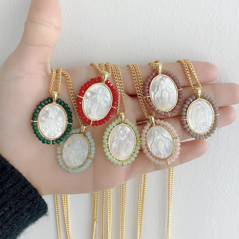 

Crtsyal Beads Mary Virgen De Guadalupe Milagrosa Shell Pendants Gold Plated Gold Chain Necklace