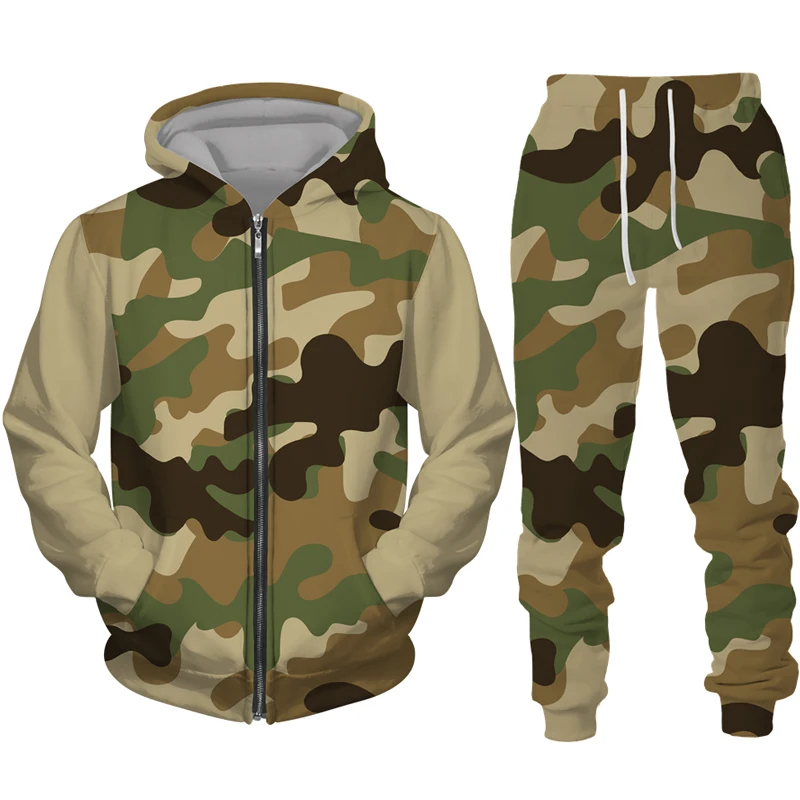 

Spring Autumn Camouflage Print Men's Zipper Hoodies/Pants/Suit Outdoor Military Hooded Jacket Sportswear Tracksuit Two Piece Set