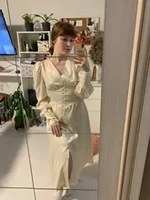 A-Line Dress V-Neck Spring Bishop-Sleeve Satin Simplee Chic Elegant Vintage High-Waist