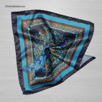 

Pocket Square with peacock pattern on a blue background with blue edging (53138)