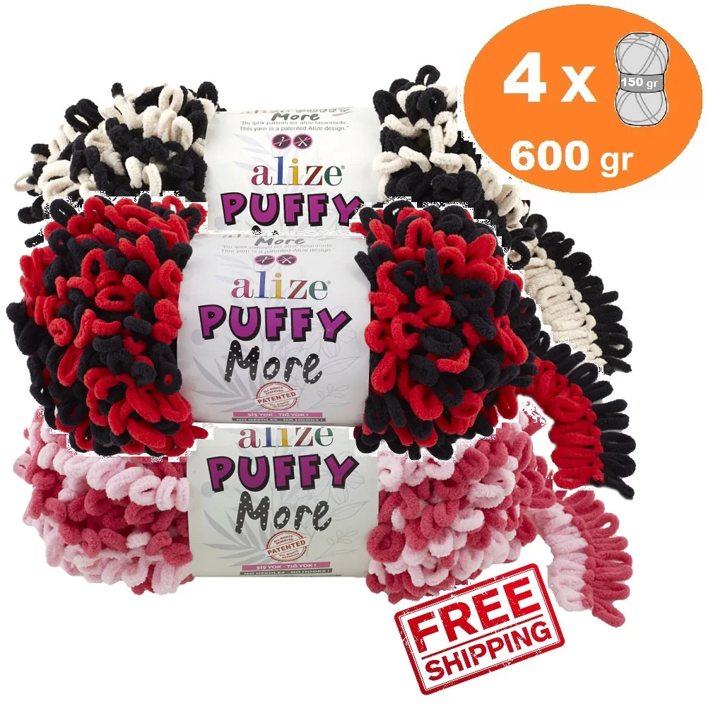 

ALIZE PUFFY MORE Yarn No Needles Hook Collection 4x150gr-11,5mt Baby Blanket Finger Crochet Knitting Double Sided Loop Soft Mink