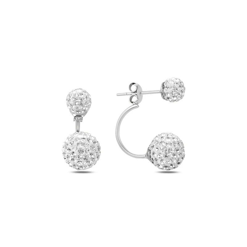 Серебряные 925 пробы Серьги с двумя шариками из циркона