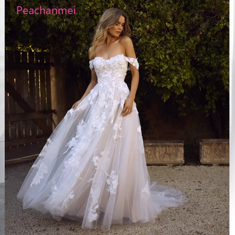 

Lace Wedding Dresses 2019 Off the Shoulder Appliques A Line Bride Dress Princess Wedding Gown robe de mariee