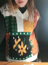 Woherb-suéter Harajuku para mujer, Chaleco de estilo coreano Vintage estampado con cuello en V, jerséis sin mangas de punto para mujer, otoño 2021