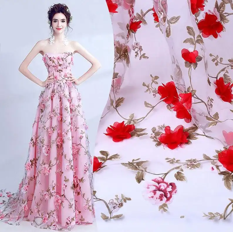 

5 Colors 3D Chiffon Rose Fabric, Organza Flowers Lace Fabric With Leaf Print By The Yard