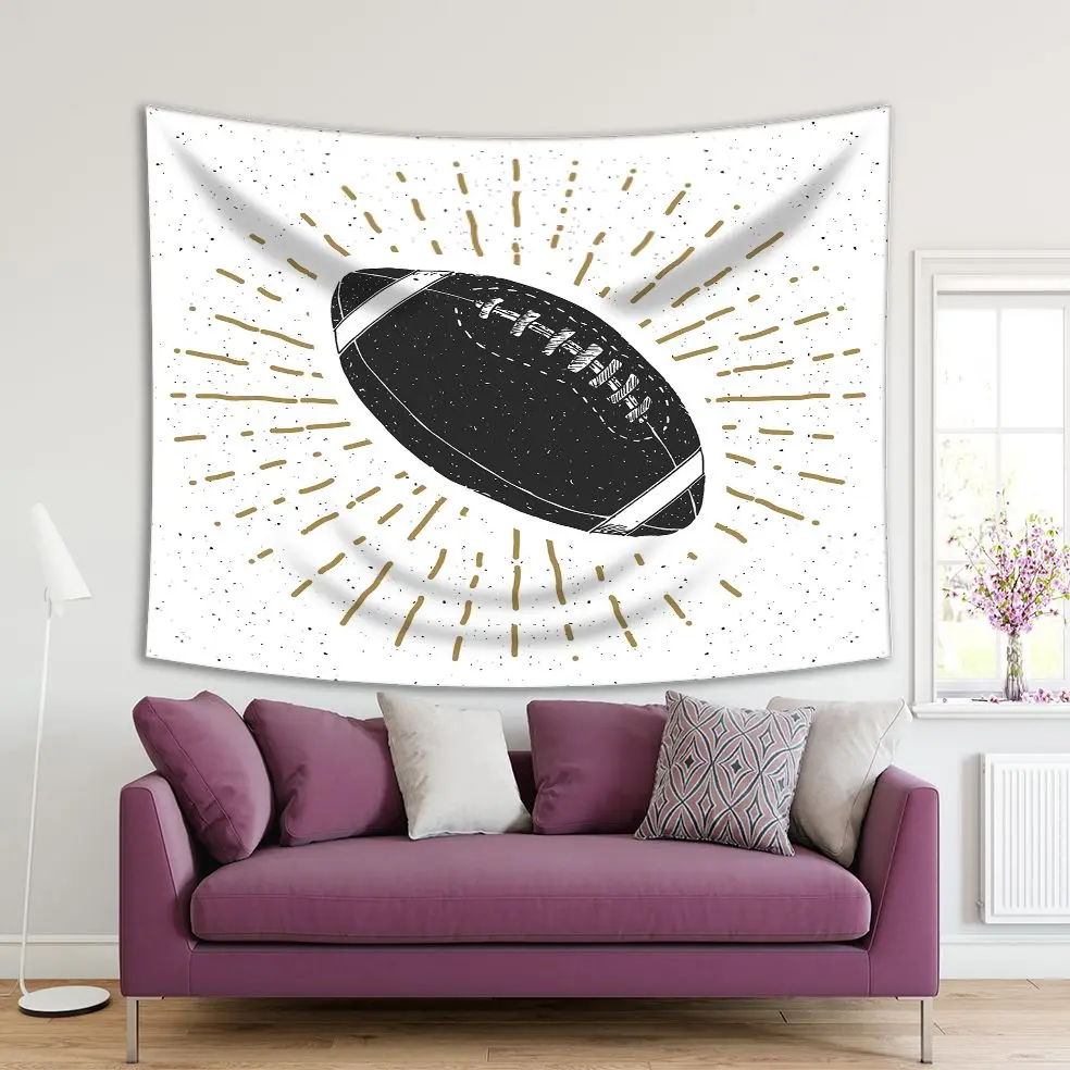 Tapestry Shining Football Rugby Ball Vintage Hand Drawn Sketch Retro Style Art Printed Black White Gold | Дом и сад