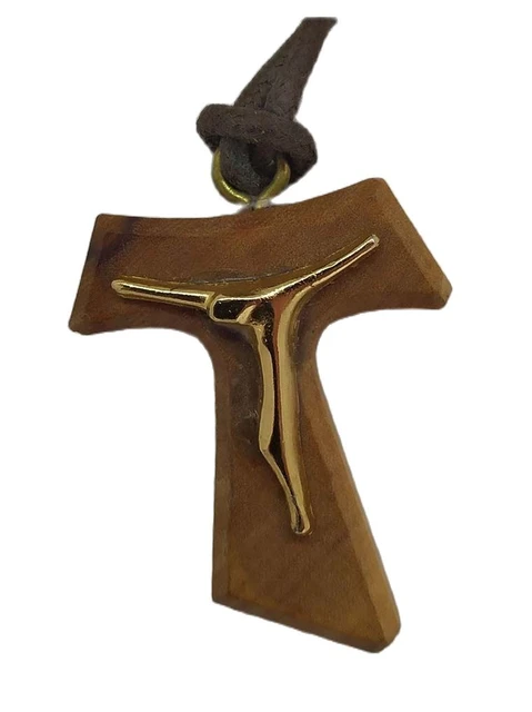 Croce Tau in legno d'ulivo medio 3x3,2 cm per ciondolo con cordino, per  regalo