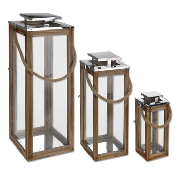 

Set 3 hurricane lanterns. Manufactured in NATURAL wood, METAL-INOX, ROPE and glass. Dimen 1- 70cm x 17cm. 2- 51cm x 14cm. 3- 34cm x 10cm