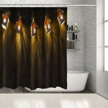 

House Shaped Lights Hanging on Wooden Wall Snowy Night View Artwork Printed Yellow Brown Shower Curtain