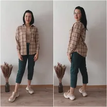 Plaid Shirt Tops Long-Sleeve Office Women Coat Loose Ladies Karsany And