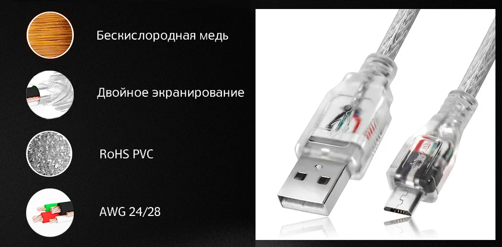 Greenconnect Кабель 2A 0.3m USB 2.0, AM/microB 5pin, прозрачный, 28/24 AWG, поддержка функции быстрой зарядки