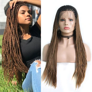 

Charisma Long Ombre Brown Micro Braiding Synthetic Lace Front Wigs For Women Heat Resistant Two Tone Braided Box Braids Wigs