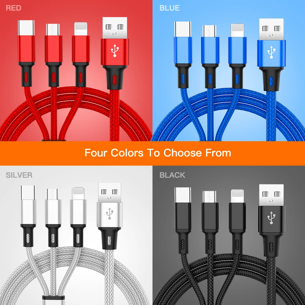 

3 In 1 USB Cable Triple Charging Cable LED Lighting Micro Type C Flexible Charger Cable Nylon Braided Multi Function for iPhone