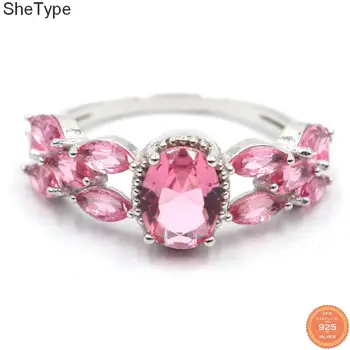

23x9mm SheType 2.6g Created Pink Tourmaline CZ Gift For Ladies 925 Solid Sterling Silver Rings