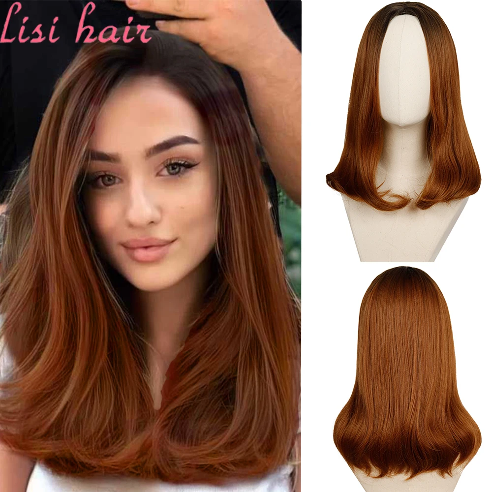 

LISIHAIR Brown Gradient Color Artificial Synthetic Fiber Moderate Natural Wave Curly Hair Daily Activities Female Wig