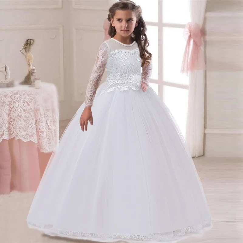 Vintage Pageant Long Sleeve White Dress Children Costume Kids for Girl Princess Party Wedding Gown Clothes | Детская одежда и